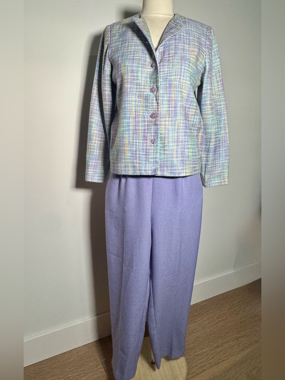 Li Alfred Dunner 8P Pastel Tweed Blazer & Purple Pants Set Petite